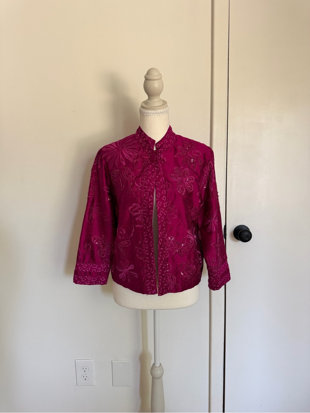 Chico's purple silk jacket with floral embroidery and sequins